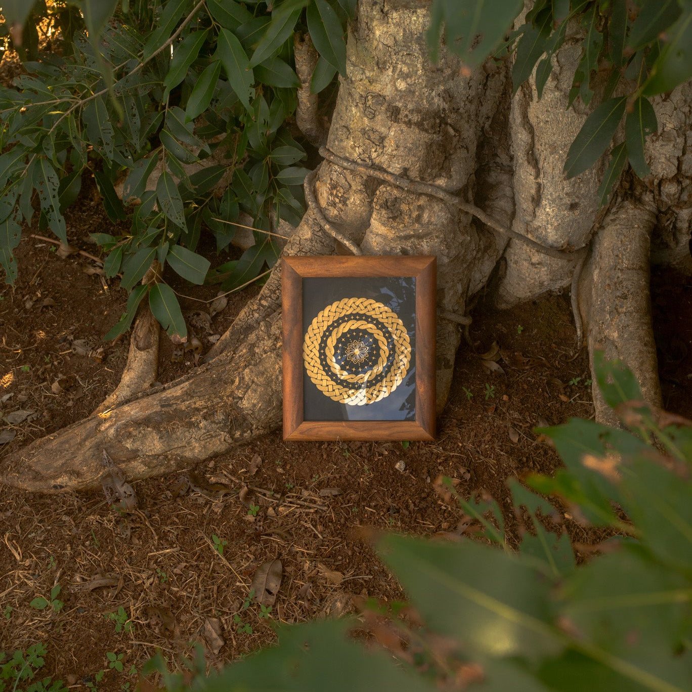 Framed artwork with a gold circular design on a tree trunk